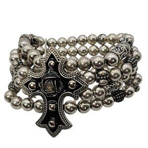 Silver Beaded Bracelet Multistrand Cross Faith Religious Grunge Rock Christian